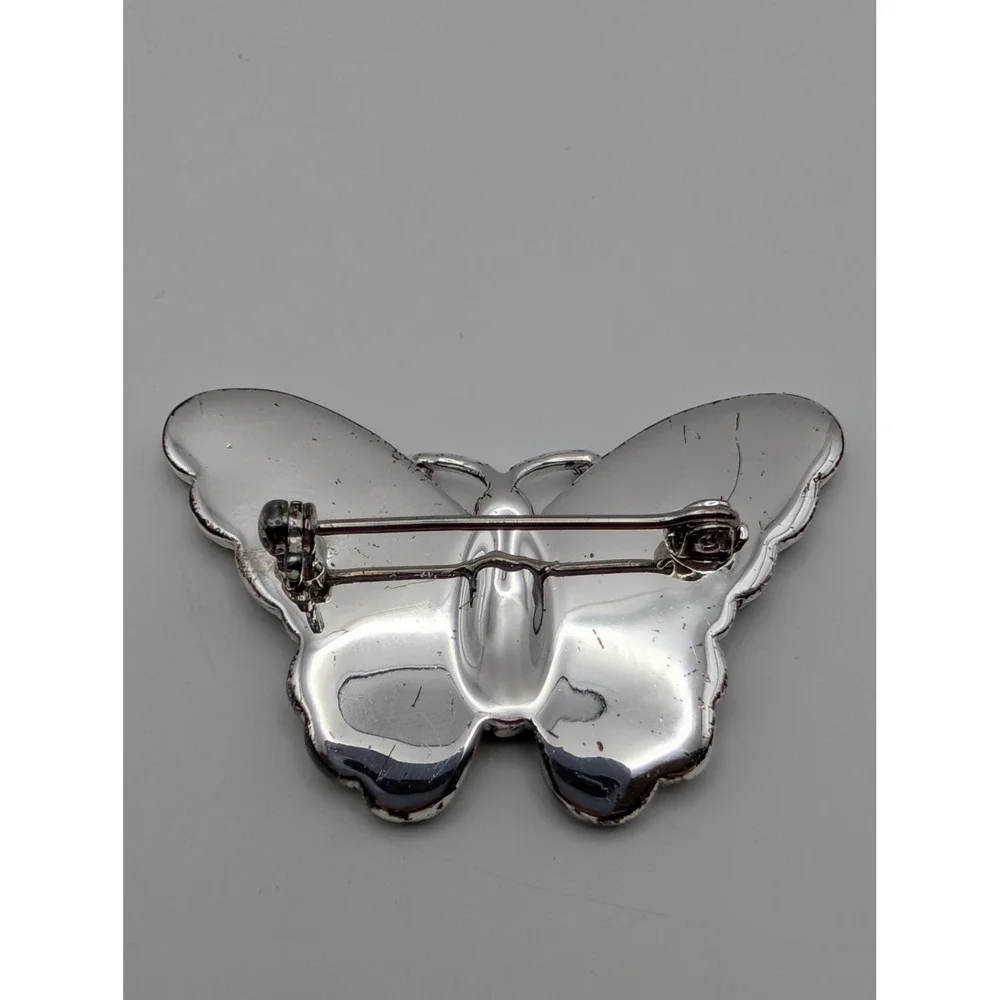 Butterfly Brooch Gold Tone Iridescent Enamel Purple Cabochon Rhinestone Accent